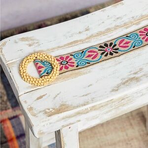 New in bag POL Embroidered pink and blue Belt with beaded buckle. One size.